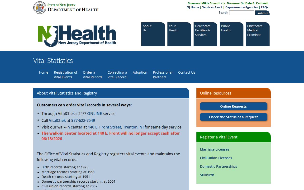 Pemberton Township resident lookup view of New Jersey Department of Health Vital Records